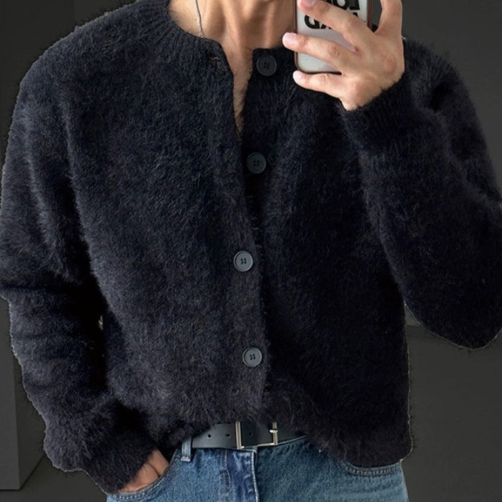NWT REALTAKAI Men's Black Mohair Button-Up Sweater | Size L